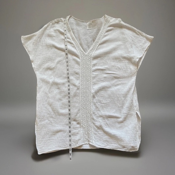 White gauze swim cover up top BoHo beachy V-neck lace trim, light weight size XL - Picture 6 of 8